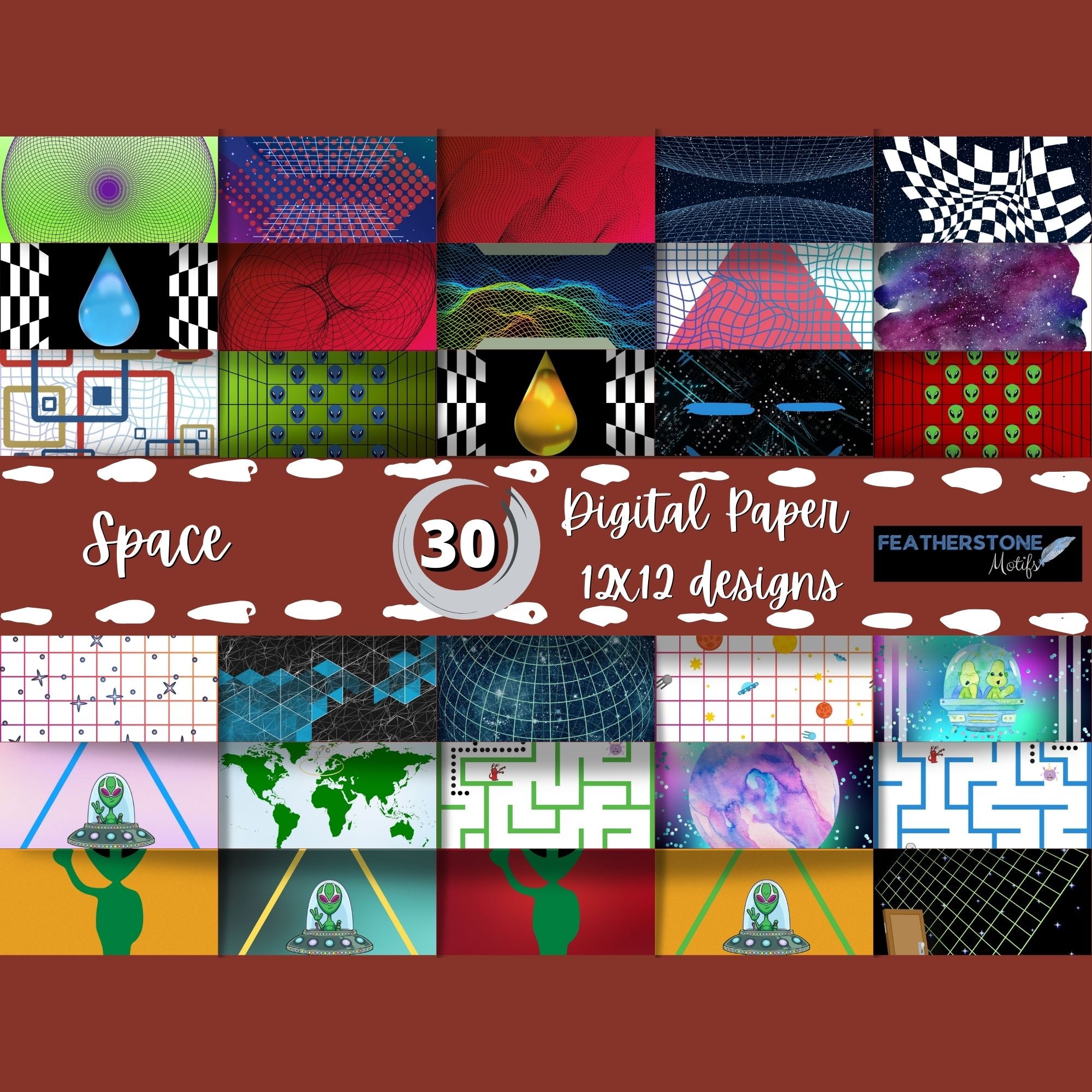 Scrapbookers, this is what you've been looking for! This space and alien themed bundle has 30 unique images that can be printed or used as digital backgrounds.