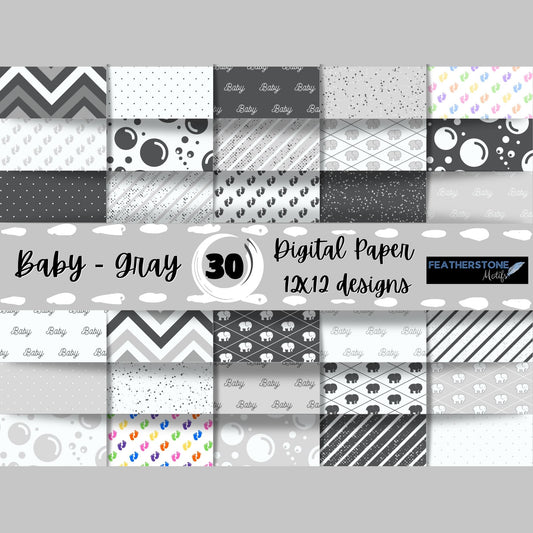 Scrapbookers, this is what you've been looking for! This gray themed baby bundle has 30 unique images that can be printed or used as digital backgrounds.