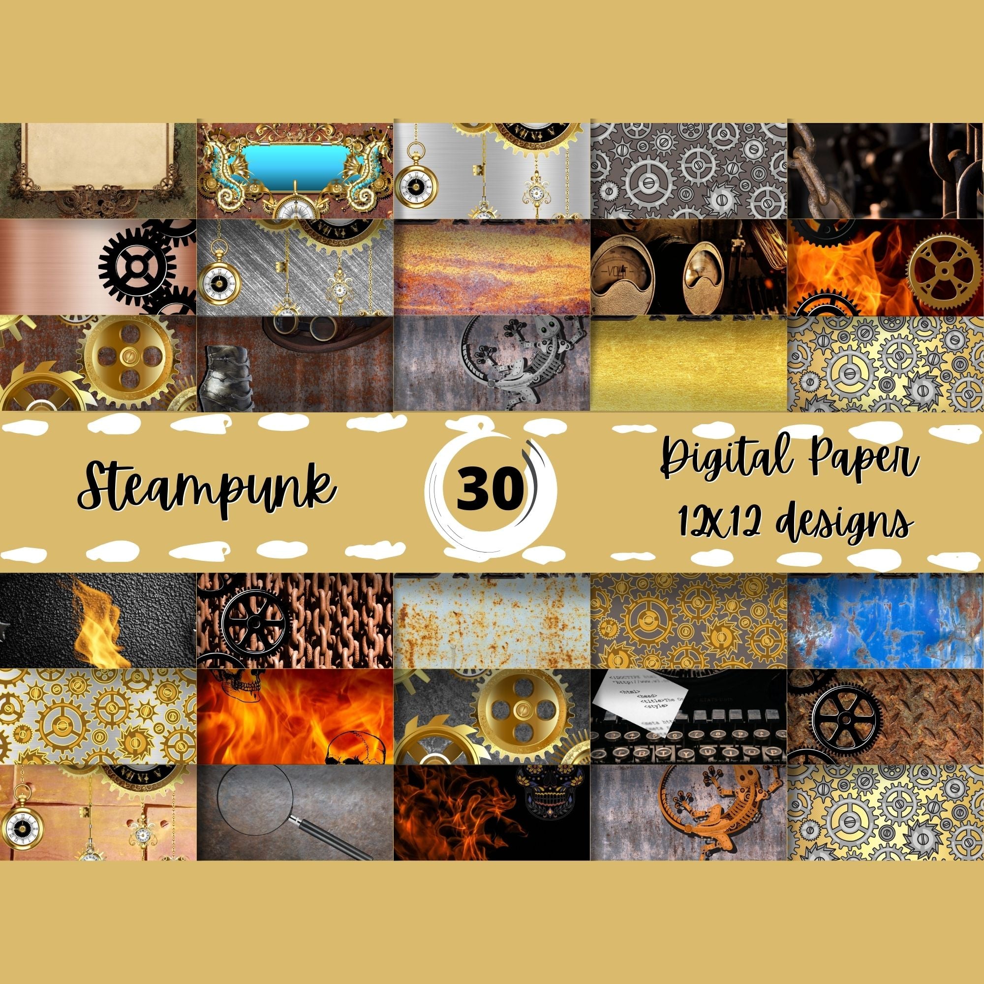 Scrapbookers, this is what you've been looking for! This steampunk themed bundle has 30 unique images that can be printed or used as digital backgrounds.