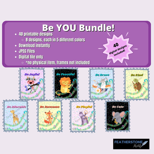 The Be YOU! digital download features 8 designs in 5 different colors for a total of 40 different images! Each image has an animal - lion, hippo, cow, turtle, giraffe, rino, fox, and elephant - playing a musical instrument with an inspirational message to "Be" joyful, brave, peaceful, kind, adorable, awesome, playful, and cute. 