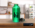 Load image into Gallery viewer, Love boating and being on the water? Then show it with this boating love square! Available in 4 sizes and 10 colors, these vinyl decals make great gifts for everyone. This image shows the boating love square vinyl decal on a water bottle.
