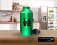 Load image into Gallery viewer, Love camping? Then show it with this camping themed love square vinyl decal! Available in 4 sizes and 10 colors, these vinyl decals make great gifts for everyone. This image shows the Camping Love Square vinyl decal on a water bottle.
