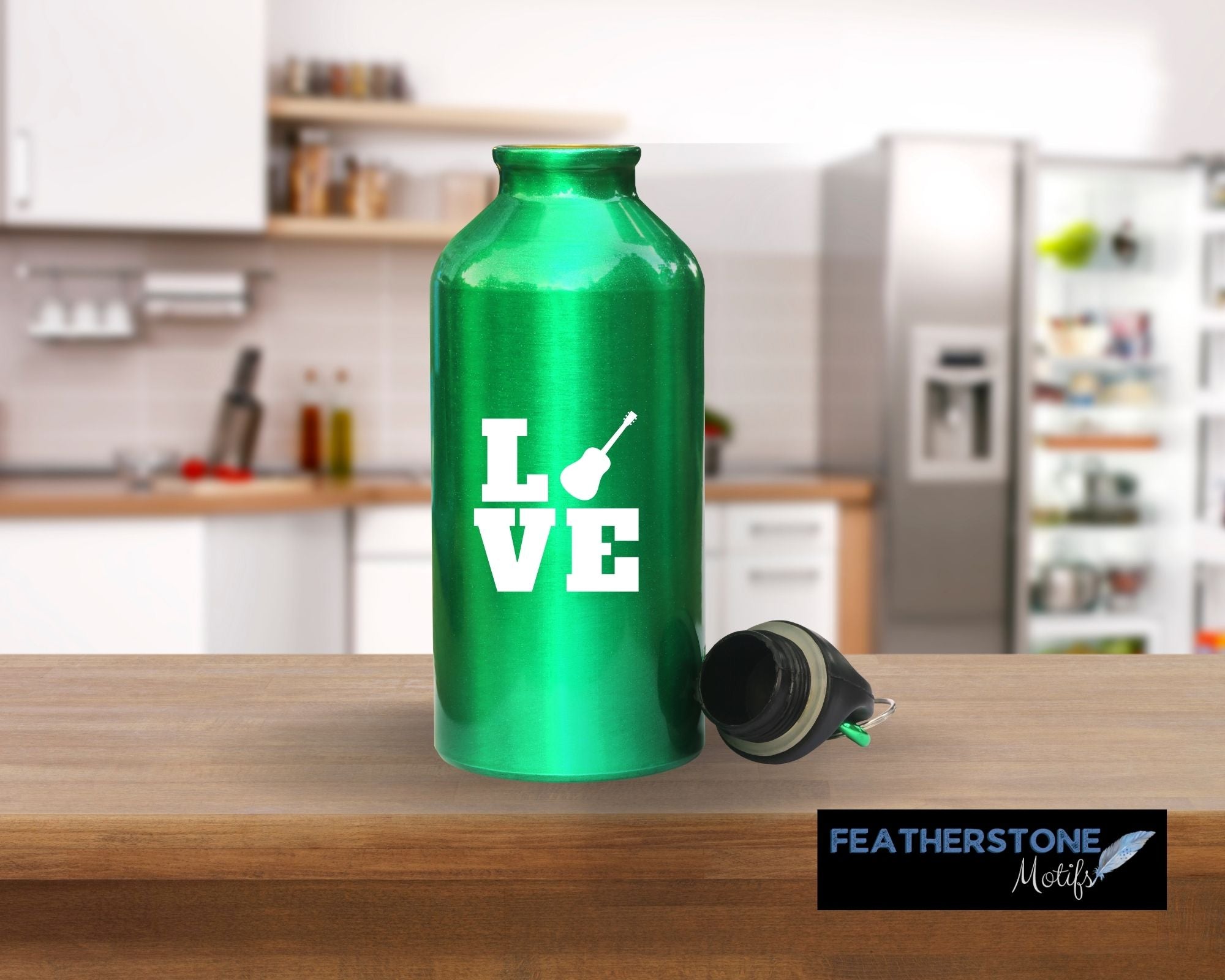 Love the guitar? Then show it with this acoustic guitar love square! Available in 4 sizes and 10 colors, these vinyl decals make great gifts for everyone. This image shows the acoustic guitar love square on a water bottle.