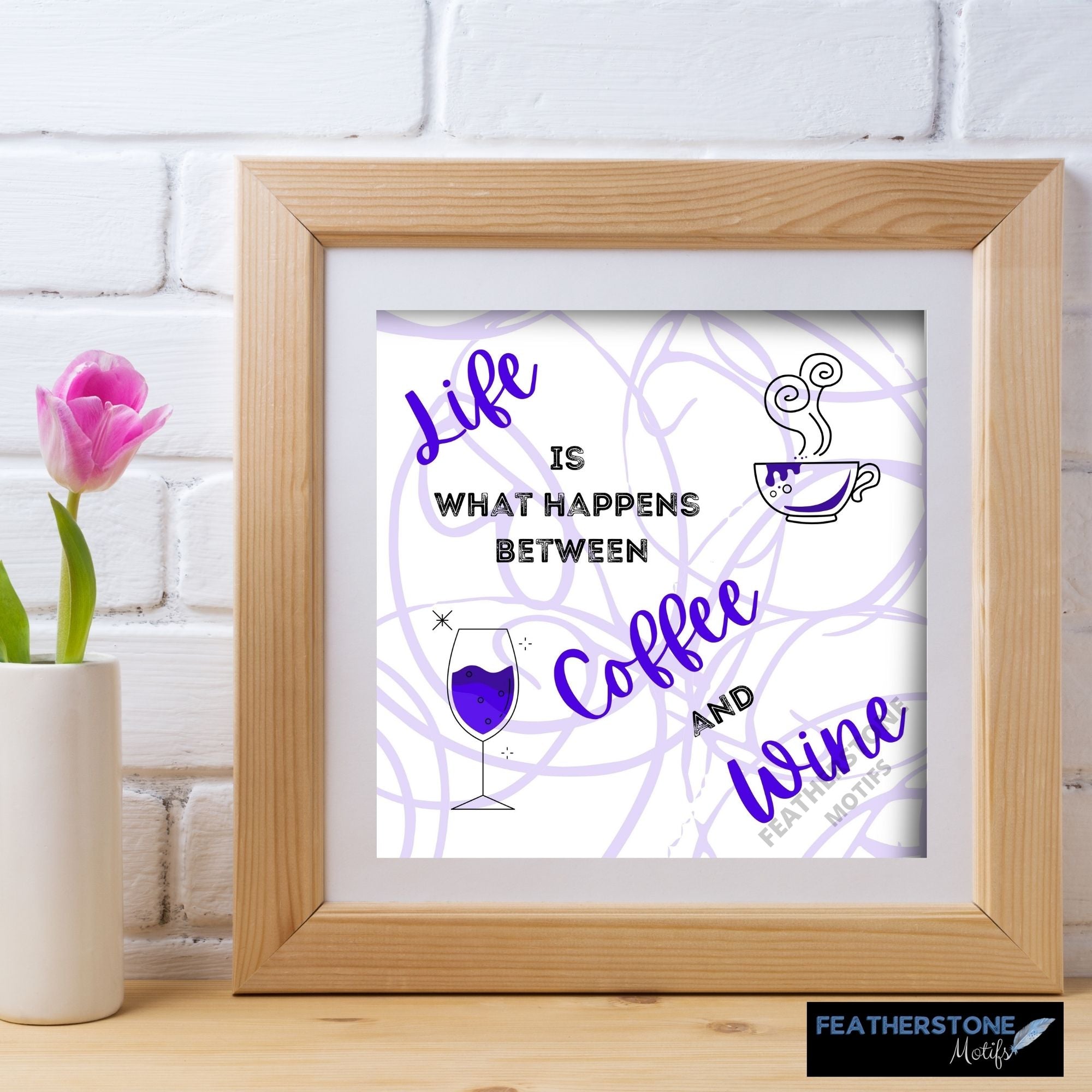 Life is what happens between coffee and wine. If you start your day with a cup of coffee, and relax and the end of the day with a glass of wine, then this set of digital images is perfect for you! These images are sized just right to make your own coasters (for your coffee cup and evening beverage), but they also make great framed artwork or greeting cards. This set has 50 digital images.