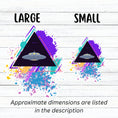 Load image into Gallery viewer, UFO alert! This individual die-cut sticker features an alien spaceship, UFO, on a black triangle background with pastel paint splatters behind. This image shows large and small UFO stickers next to each other.
