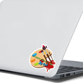 Load image into Gallery viewer, Whether for a child, or an inner child, this individual die-cut sticker is great for all artists! The Every Child is an Artist sticker has a paint palette and brushes to inspire you to create your next masterpiece. This image shows the Every Child is an Artist die-cut sticker on the back of an open laptop.

