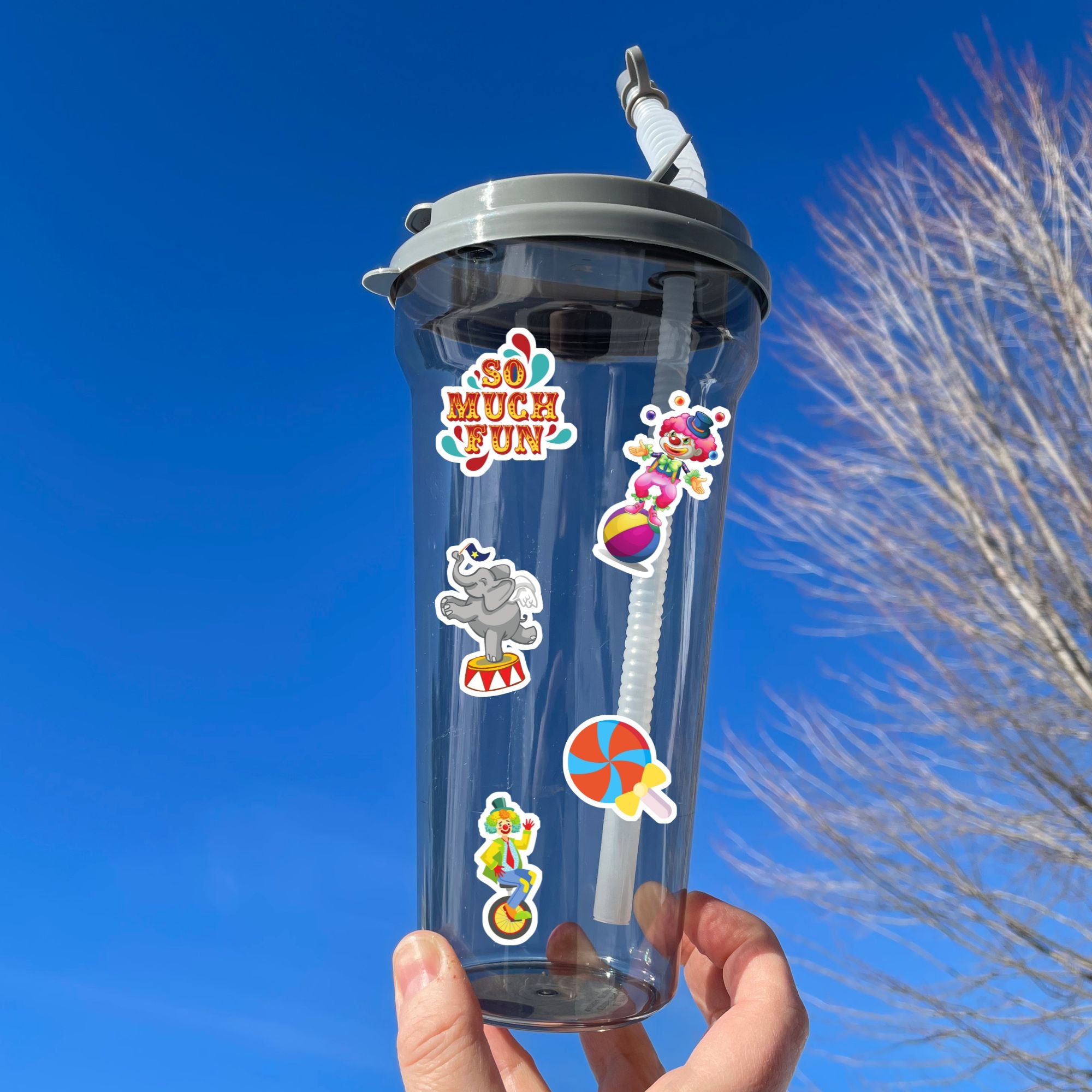 Who doesn't love going to the carnival? This sheet has stickers showing the big top, clowns, animals, and of course your favorite foods like hotdogs and cotton candy.  This is an image of a water bottle with stickers on it.