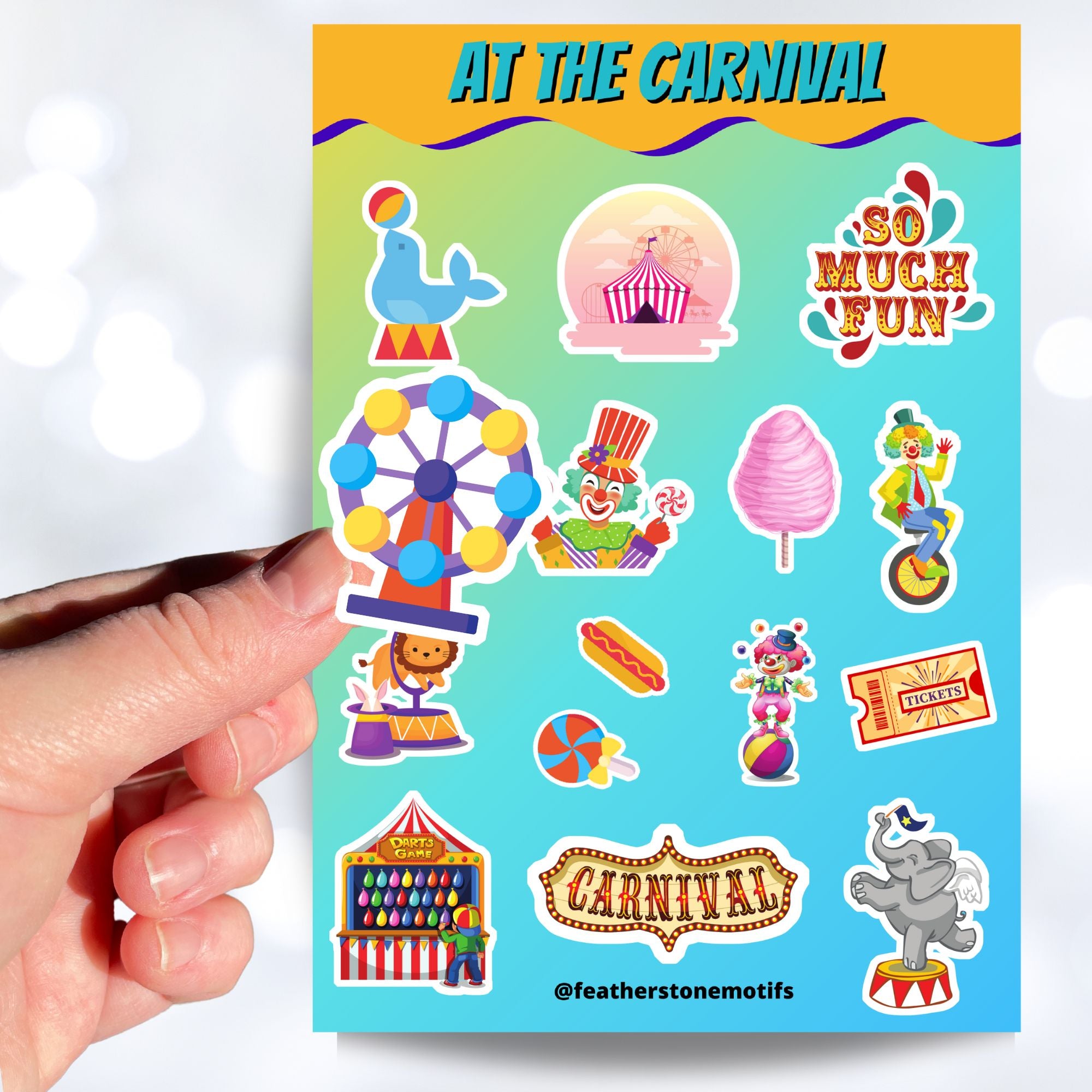 Who doesn't love going to the carnival? This sheet has stickers showing the big top, clowns, animals, and of course your favorite foods like hotdogs and cotton candy. This is an image of a hand holding one of the stickers above the sticker sheet.