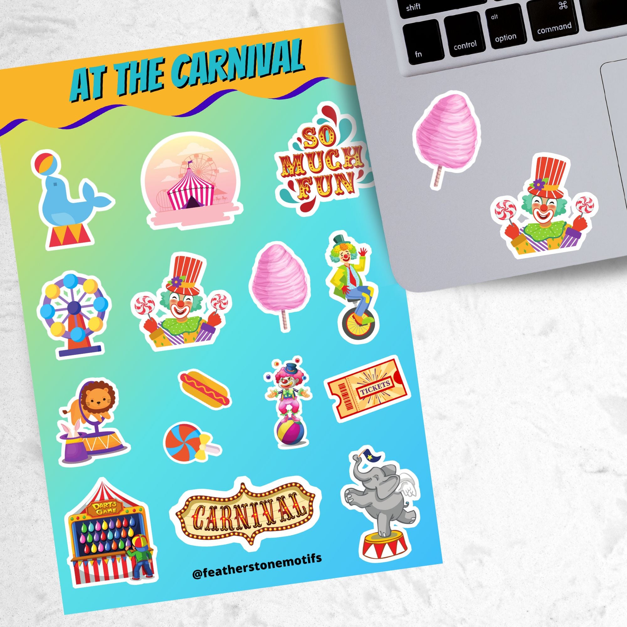 Who doesn't love going to the carnival? This sheet has stickers showing the big top, clowns, animals, and of course your favorite foods like hotdogs and cotton candy.  This is an image of a laptop with stickers on it.