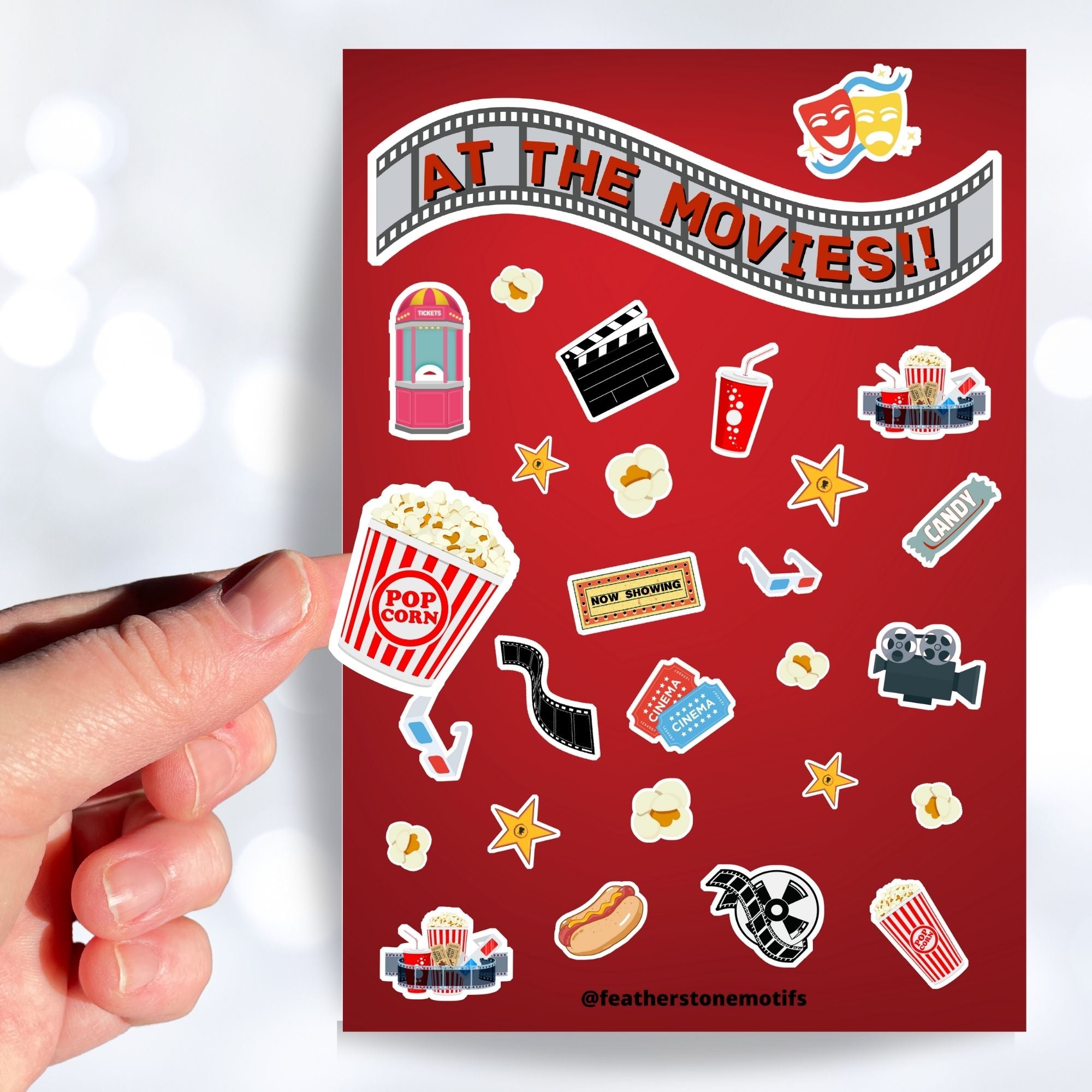 Get your tickets, buy your snacks, and enjoy a night at the movies! This sticker sheet is filled with sticker images like: Popcorn, movie reel, camera, hotdog, soda, and 3D glasses. This image shows a hand holding a sticker of a big bucket of popcorn above the sticker sheet.