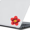 Load image into Gallery viewer, This inspirational individual die-cut sticker features a red flower with a yellow center, with the words Believe in Yourself written across it. Check out our Inspirational collection for more inspiring stickers! This image shows the Believe in Yourself sticker on the back of an open laptop.
