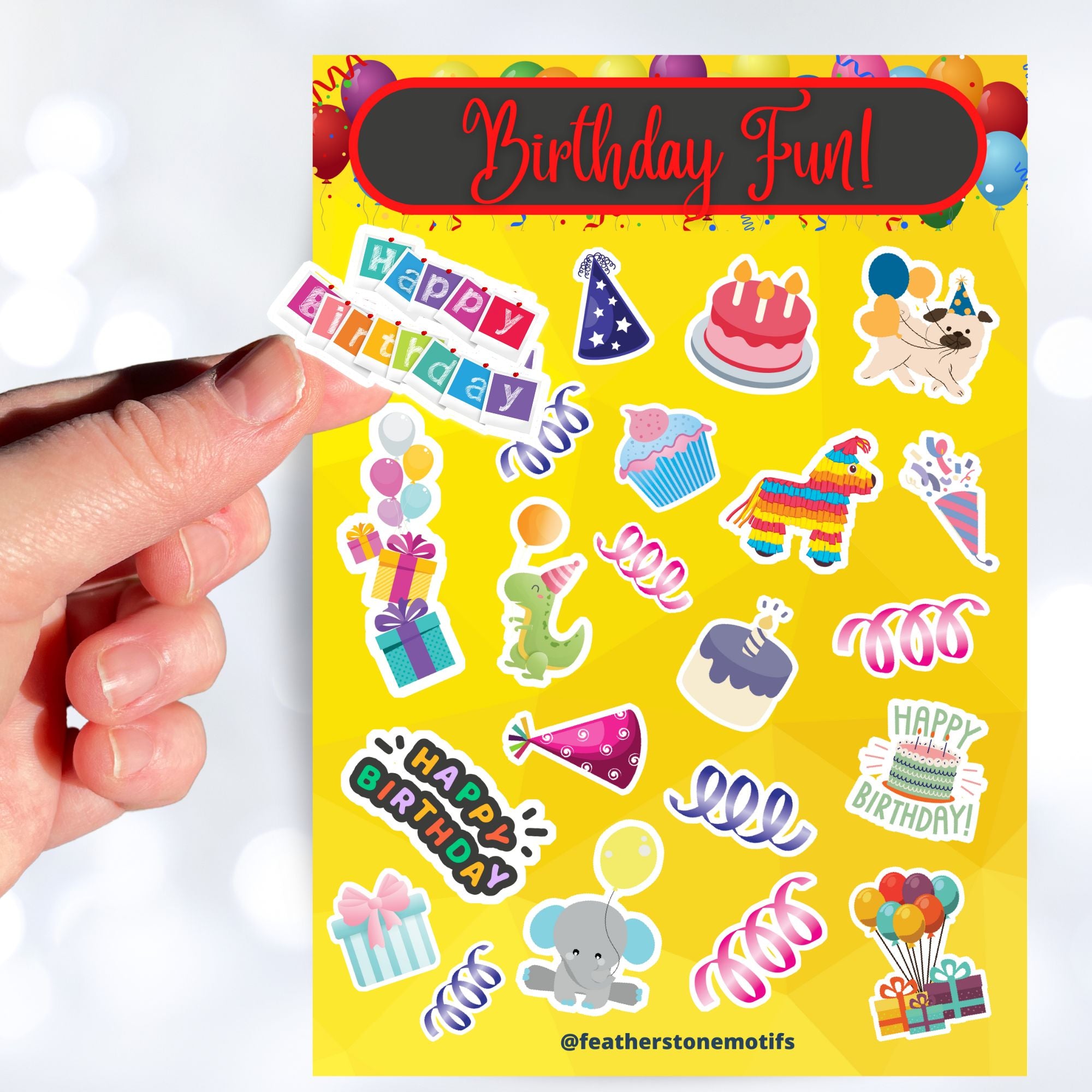 This birthday sticker sheet has a sparkle overlay with stickers showing all your favorite birthday celebration items like: Birthday cakes, presents, balloons, a piñata, birthday hats, and streamers. This image is of a hand holding one of the stickers above the sticker sheet.