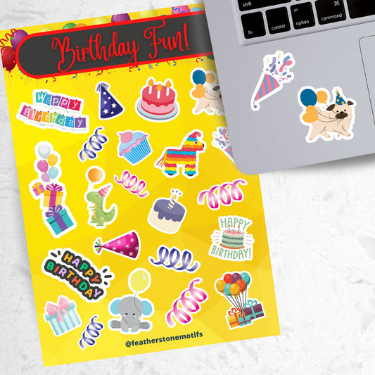 This birthday sticker sheet has a sparkle overlay with stickers showing all your favorite birthday celebration items like: Birthday cakes, presents, balloons, a piñata, birthday hats, and streamers. This image is of the sticker sheet next to an open laptop with 2 of the stickers applied to it.