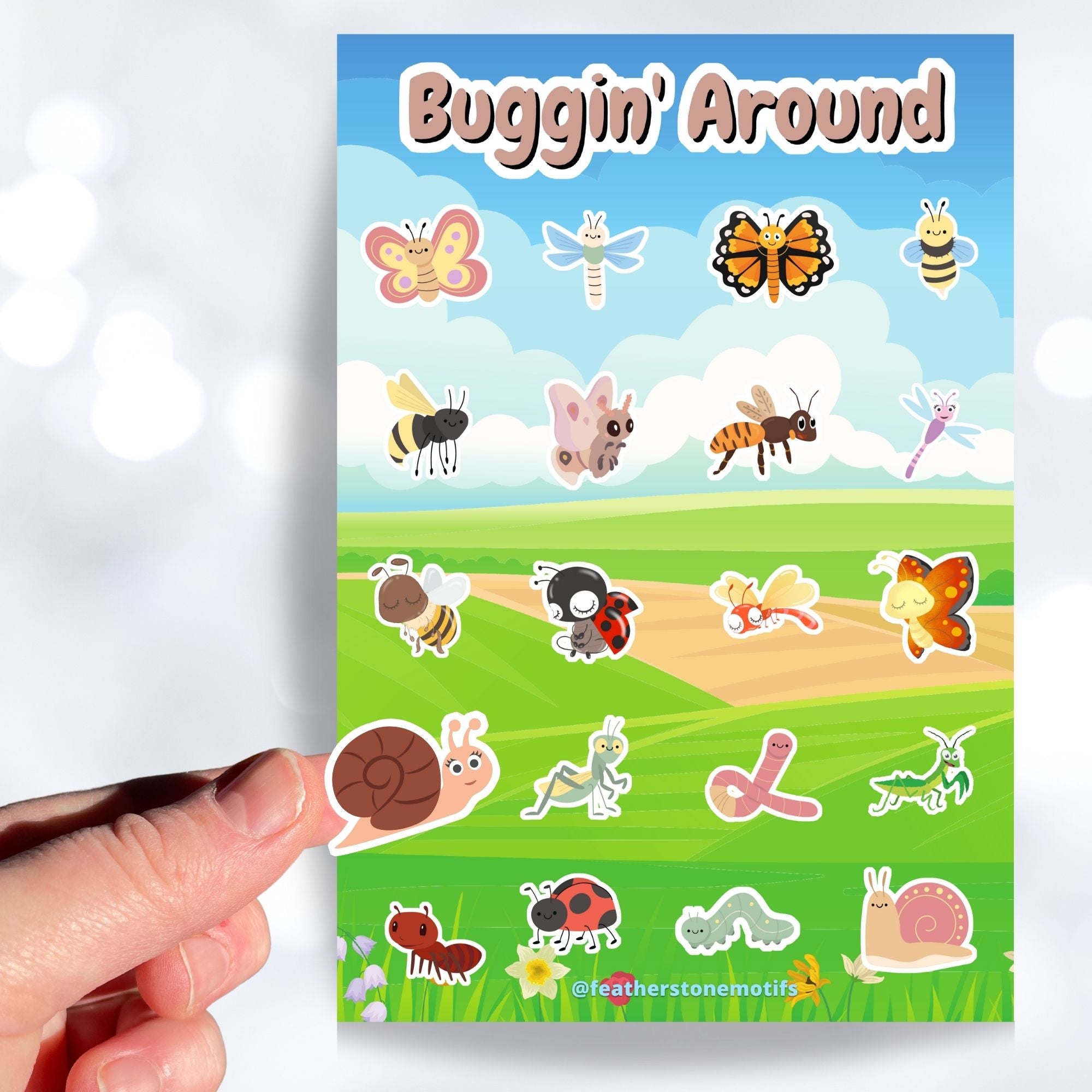 Butterflies, bees, worms, snails, and dragonfly's; this sticker sheet has cute stickers of all of your favorite bugs. This image shows a hand holding a snail sticker above the sticker sheet.