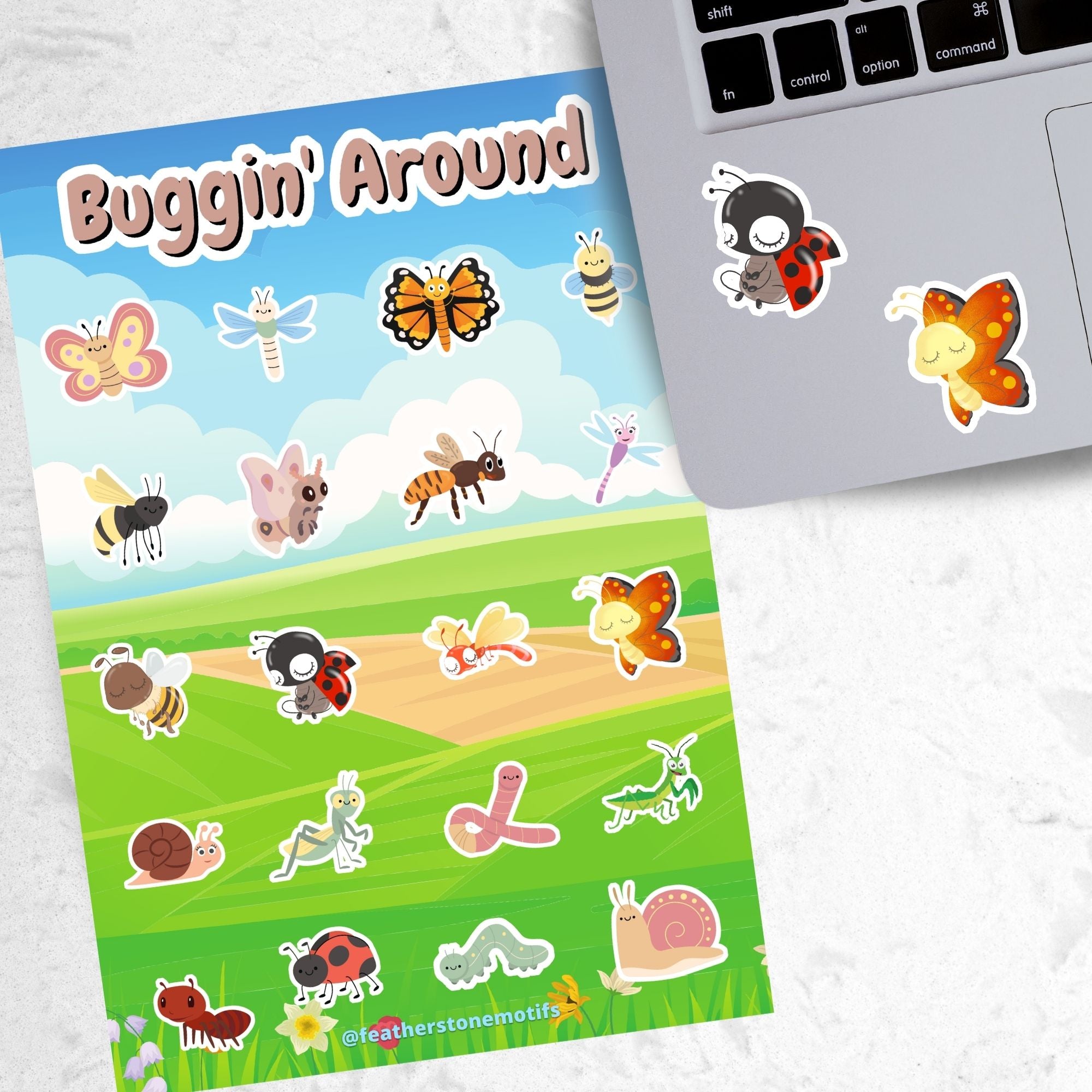 Butterflies, bees, worms, snails, and dragonfly's; this sticker sheet has cute stickers of all of your favorite bugs. This image shows the sticker sheet next to an open laptop with a ladybug sticker and a butterfly sticker applied below the keyboard.