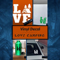 Load image into Gallery viewer, Love camping? Then show it with this camping themed love square vinyl decal! Available in 4 sizes and 10 colors, these vinyl decals make great gifts for everyone. This image shows the cover page.
