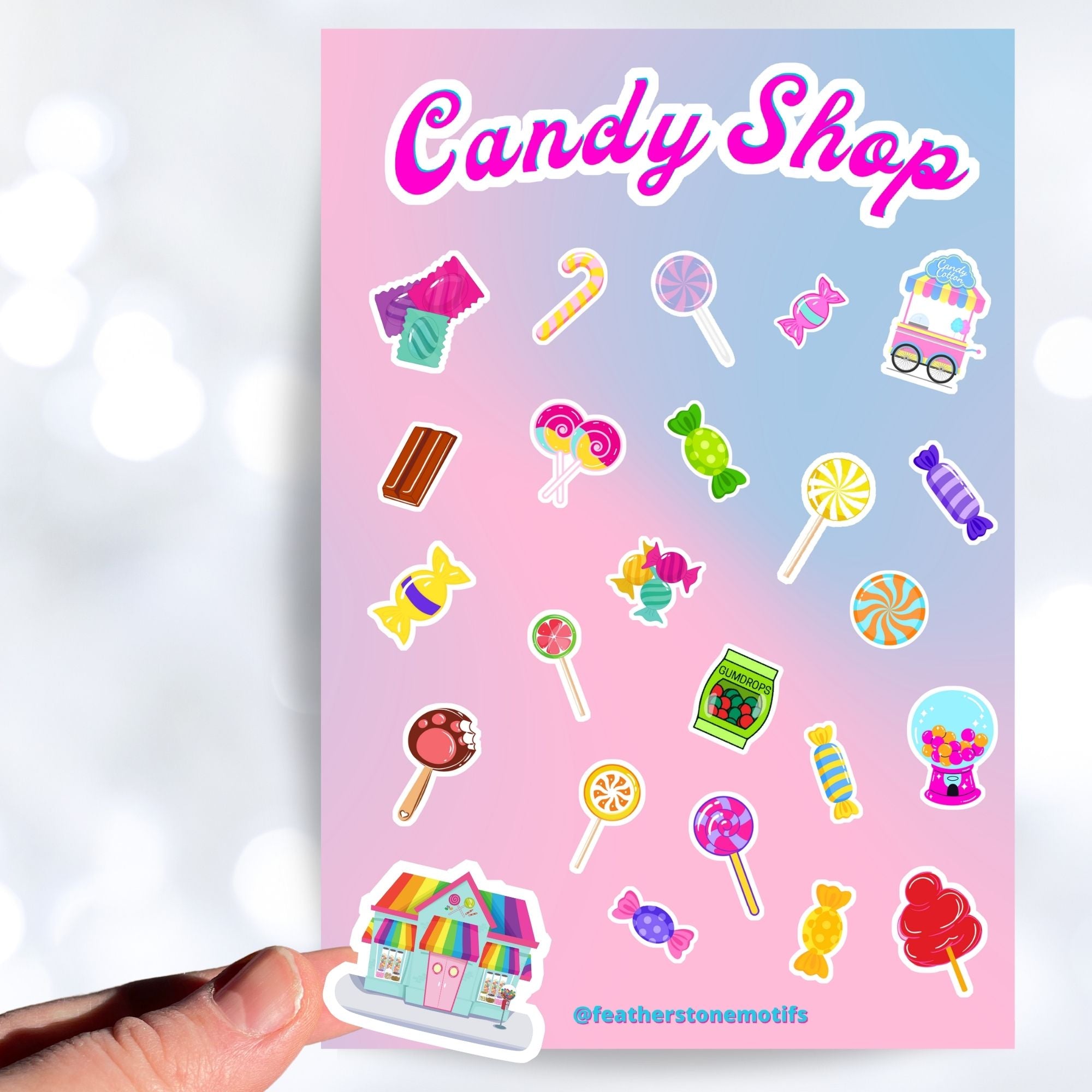 This sticker sheet is filled with stickers of all of your favorite sweet treats! Gumdrops, lollipops, cotton candy, and of course chocolate; this sheet will satisfy everyone's sweet cravings. This image shows a hand holding a candy store sticker above the sticker sheet.