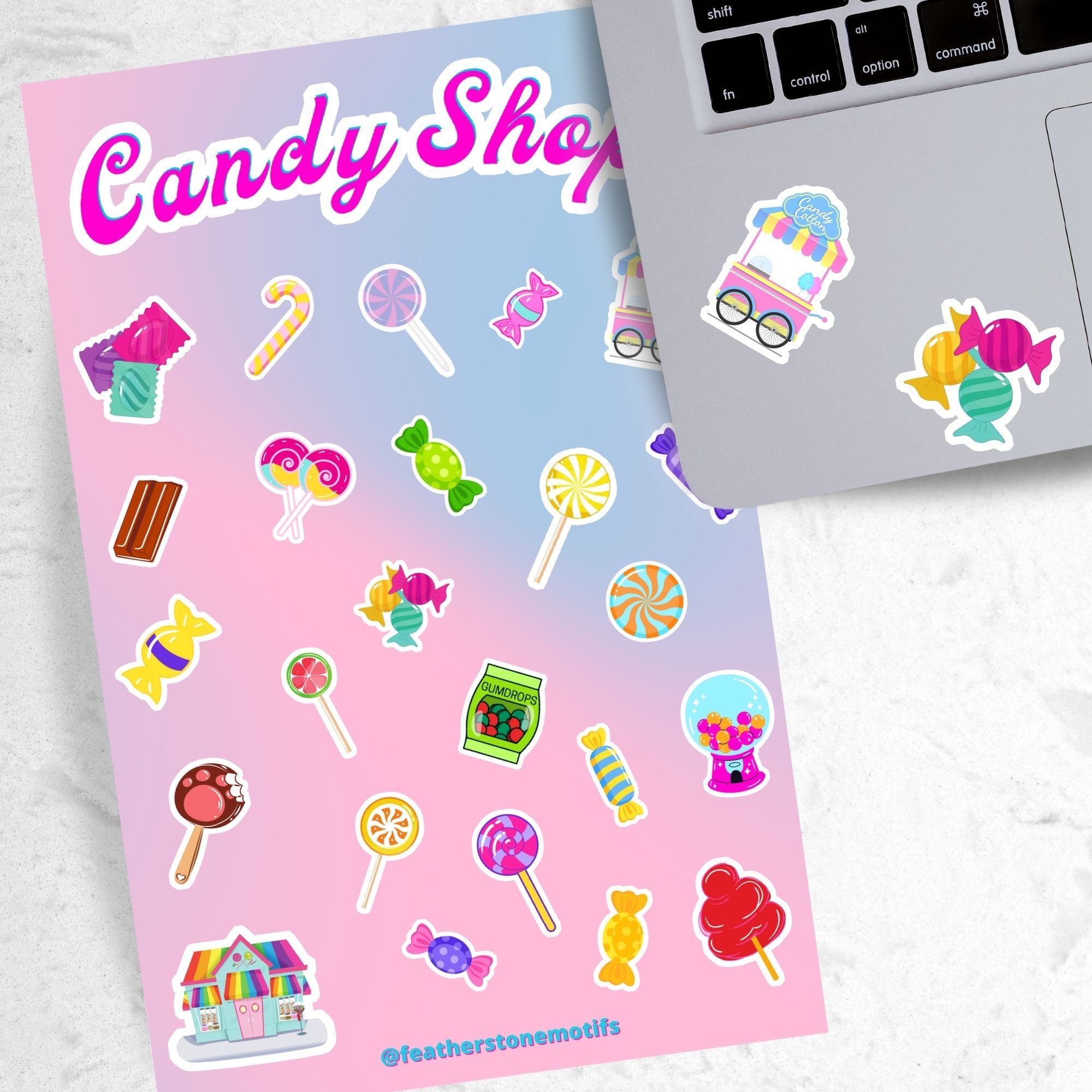 This sticker sheet is filled with stickers of all of your favorite sweet treats! Gumdrops, lollipops, cotton candy, and of course chocolate; this sheet will satisfy everyone's sweet cravings. This image shows the sticker sheet next to an open laptop with stickers of a candy cart and hard candies applied below the keyboard.