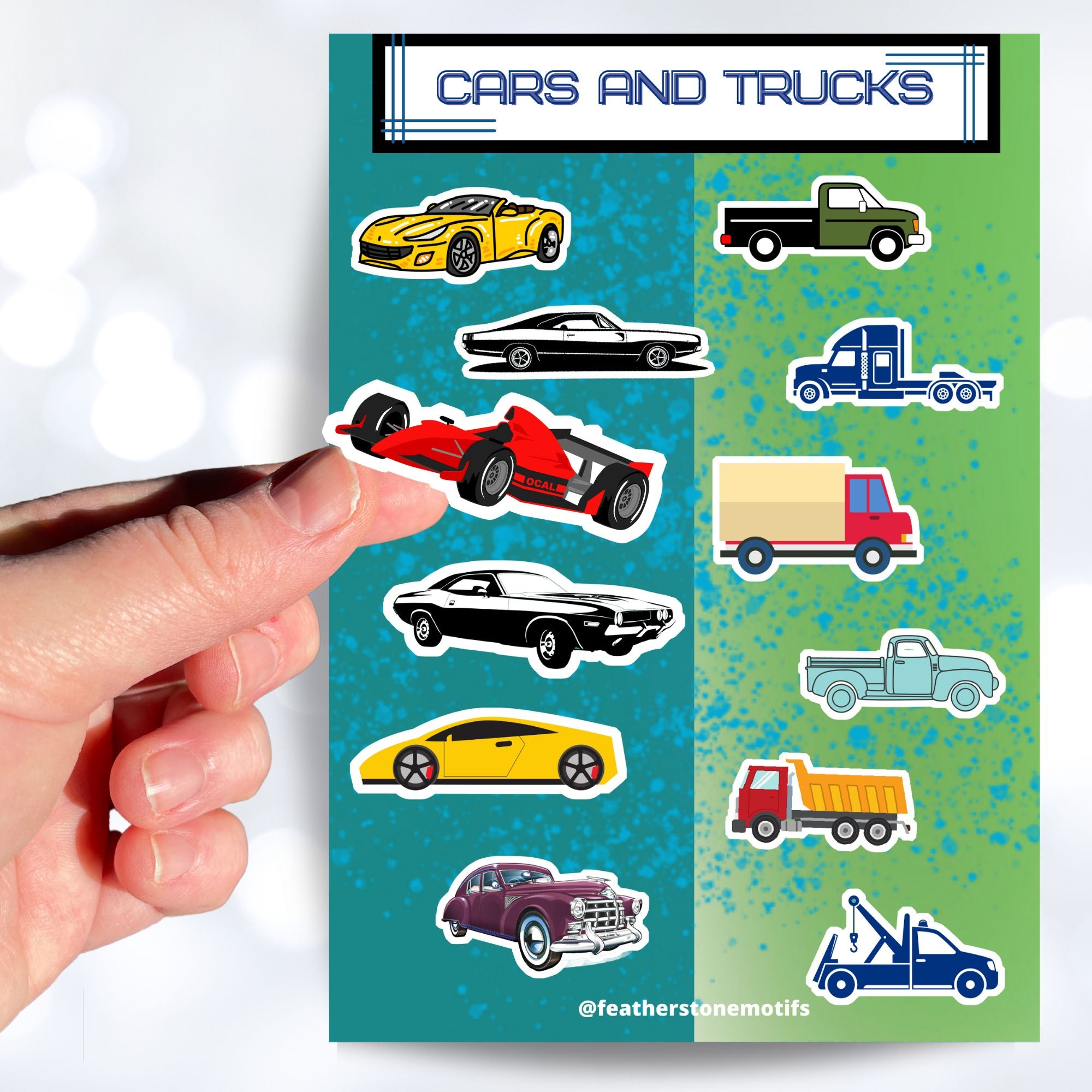 This sticker sheet has a collection of car and truck stickers; perfect for kids and adults who like their four wheel friends! This sheet has six different car stickers and six different truck stickers on a green and blue background. This image shows a hand holding a race car sticker over the sticker sheet.