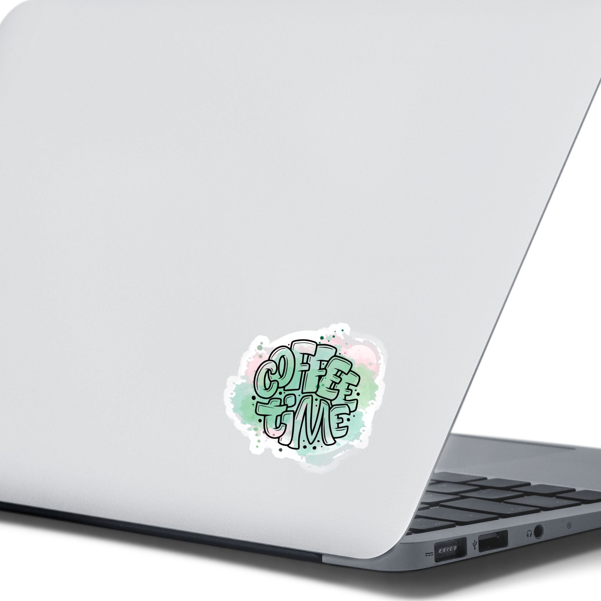 t's Coffee Time! This individual die-cut sticker features the words Coffee Time over a pastel green and pink background. This coffee sticker is great for all coffee lovers! This image shows the Coffee Time sticker on the back of an open laptop.