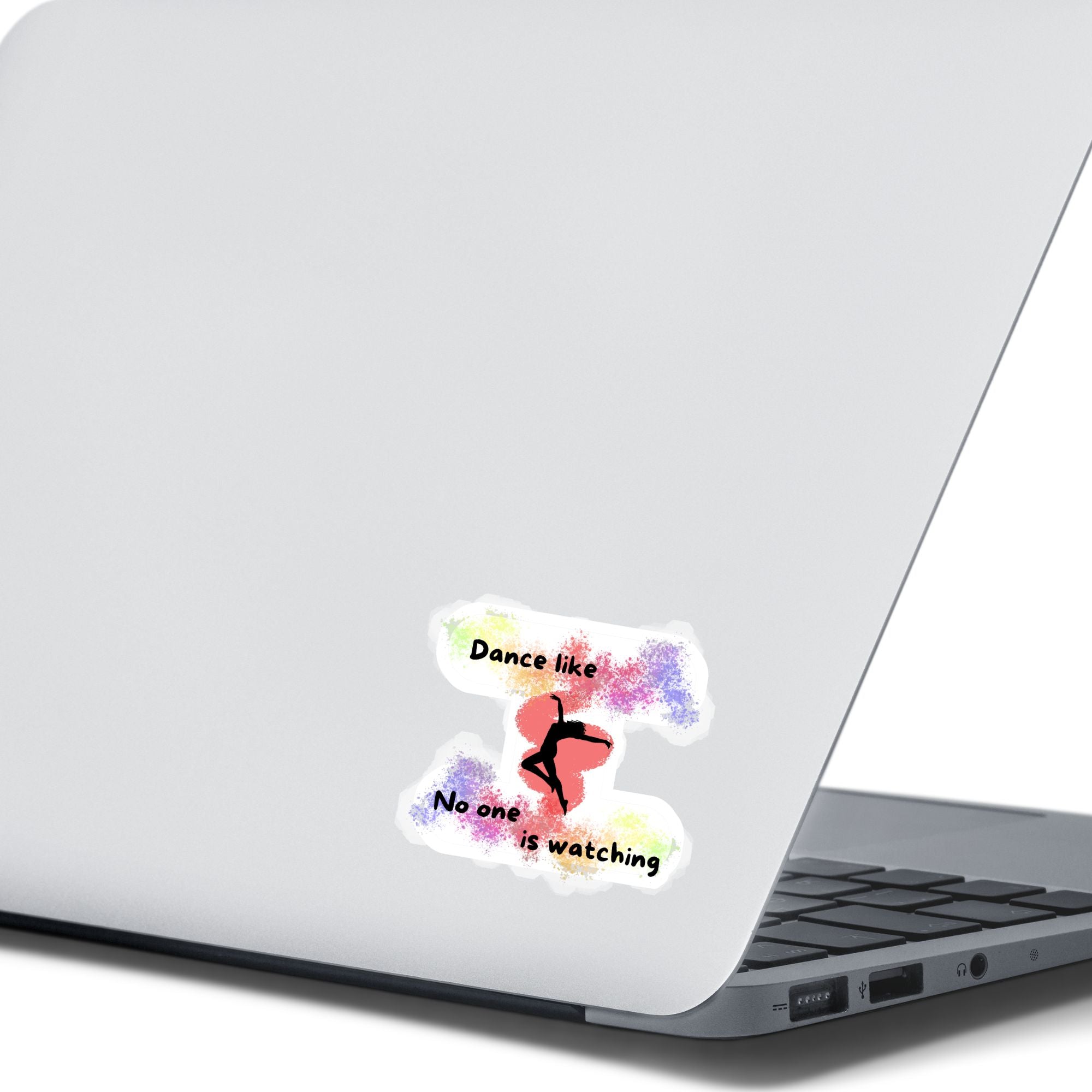 This individual die-cut sticker is perfect for anyone who loves to dance! It features the silhouette of a dancer in the center with the words "Dance like No one is watching", all on a spray paint pastel background. Check out our Inspirational collection for more inspiring stickers! This image shows the Dance like No one is watching sticker on the back of an open laptop.