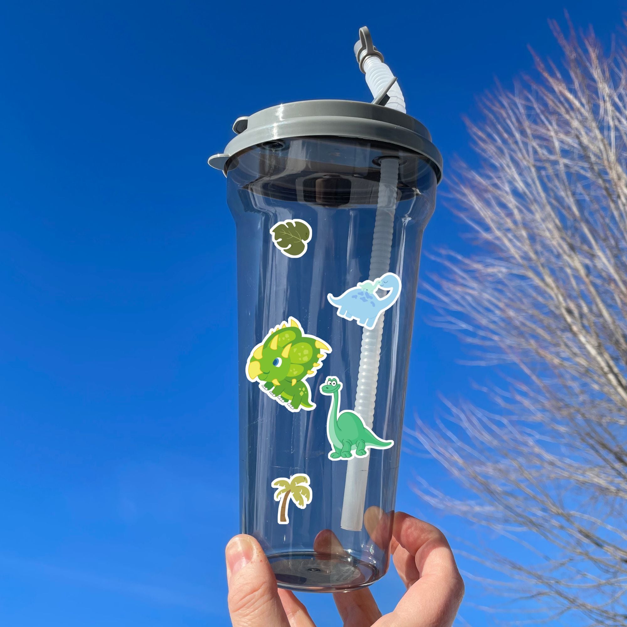 These dinosaur stickers are a-roar-able! This sticker sheet has all of your favorite dinosaurs plus dino eggs, plants, and dino footprints. This image is of a water bottle with three different dino stickers plus stickers of two different plants.
