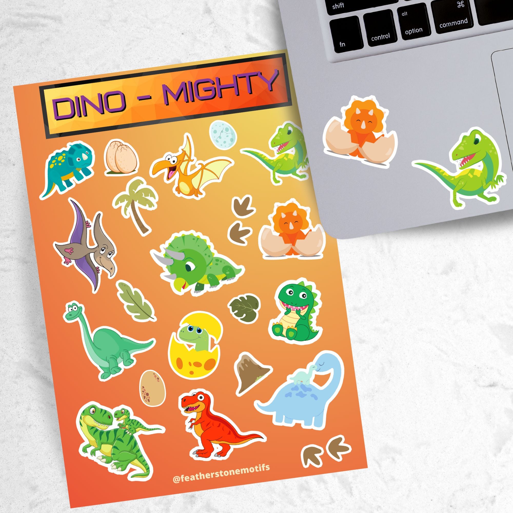 These dinosaur stickers are a-roar-able! This sticker sheet has all of your favorite dinosaurs plus dino eggs, plants, and dino footprints. This image has the sticker sheet next to an open laptop with a sticker of a dino hatching from and egg and a T-Rex dino sticker applied below the keyboard.