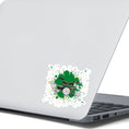Load image into Gallery viewer, Drummer's, this individual die-cut sticker is for you! It features a drum kit on a green and gray paint splashed background. This drum sticker makes a great gift for anyone who loves to hit the skins. This image shows the drums die-cut sticker on the back of an open laptop.
