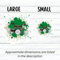 Load image into Gallery viewer, Drummer's, this individual die-cut sticker is for you! It features a drum kit on a green and gray paint splashed background. This drum sticker makes a great gift for anyone who loves to hit the skins. This image shows large and small drum stickers next to each other.
