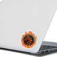 Load image into Gallery viewer, Who dares to disturb the Fire Dragon? This individual die-cut sticker features a fiery orange dragon surrounded by a ring of fire.  This image shows the Fire Dragon sticker on the back of an open laptop.
