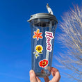 Load image into Gallery viewer, So many flowers! This sticker sheet is filled with images of all your favorite flowers. This image shows a water bottle with the sticker sheet header reading "Flowers", and three flower stickers applied to it.
