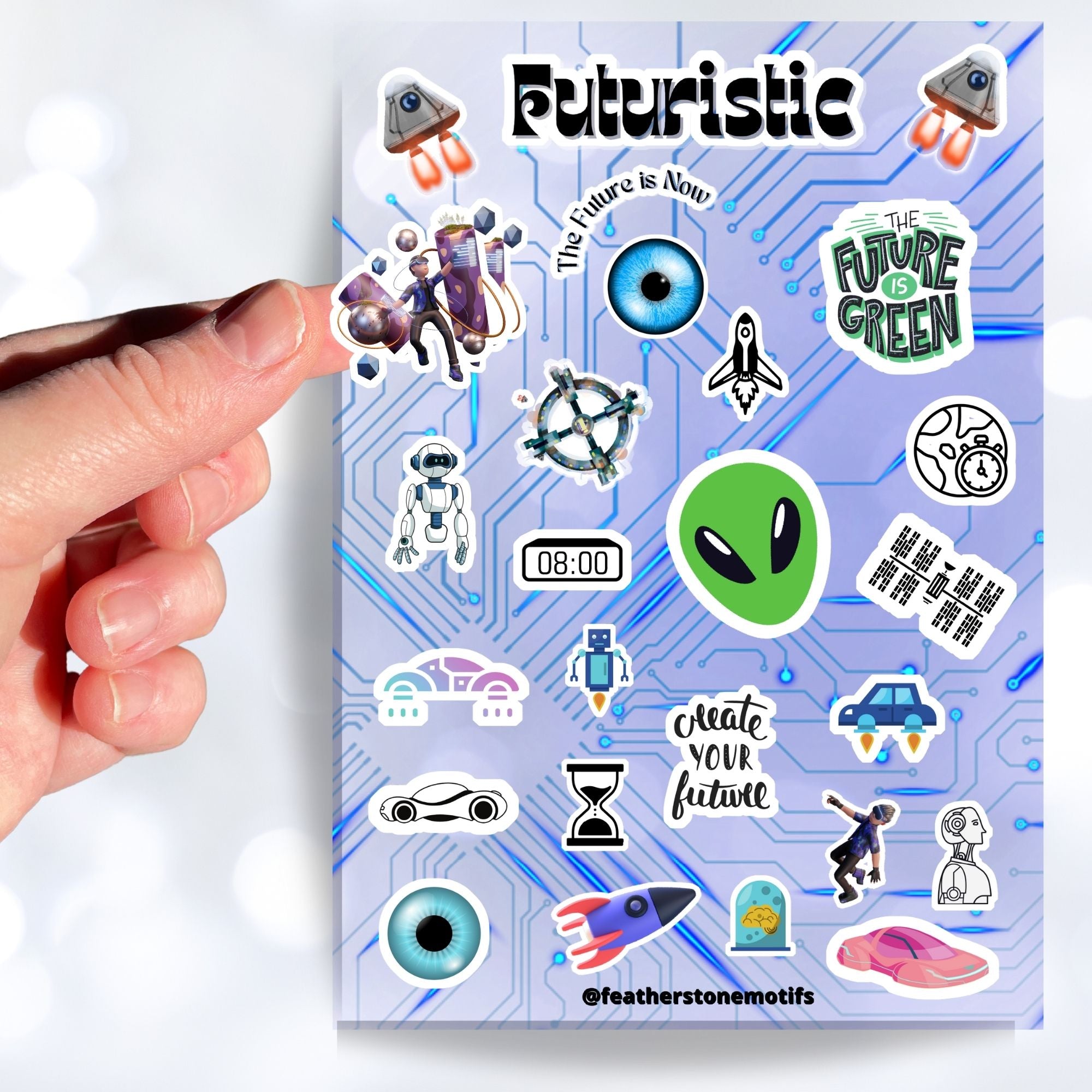 Set on a background of a circuit board, this sticker sheet is filled with futuristic sticker images like rocket ships, flying cars, aliens, and robots, and it has a holographic star overlay! This image shows a hand holding a sticker of person in a 3D metaverse over the sticker sheet.