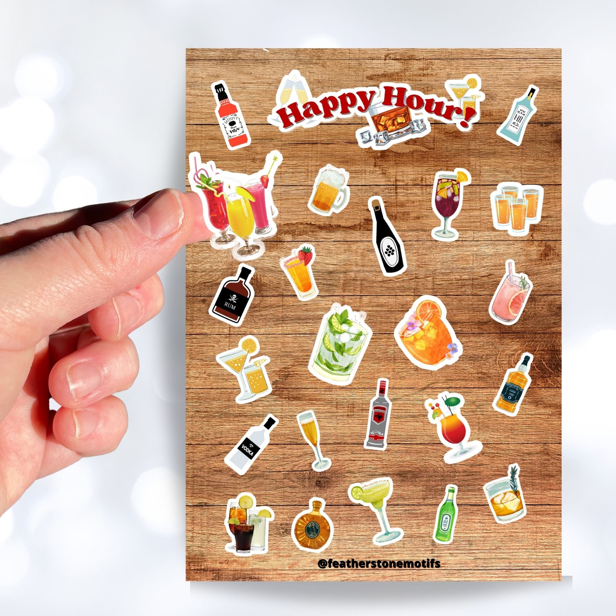 Cheers! Filled with sticker images of your favorite cocktails and adult beverages, this is for adults who can enjoy this sticker sheet responsibly! This image shows a hand holding a sticker of three tropical cocktails over the sticker sheet.