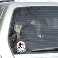 Load image into Gallery viewer, Knock it out of the park! This individual die-cut sticker features the silhouette of a baseball player swinging a bat, on a background of a baseball, with the word "Homerun!" below. This image shows the baseball sticker on the rear window of a car.
