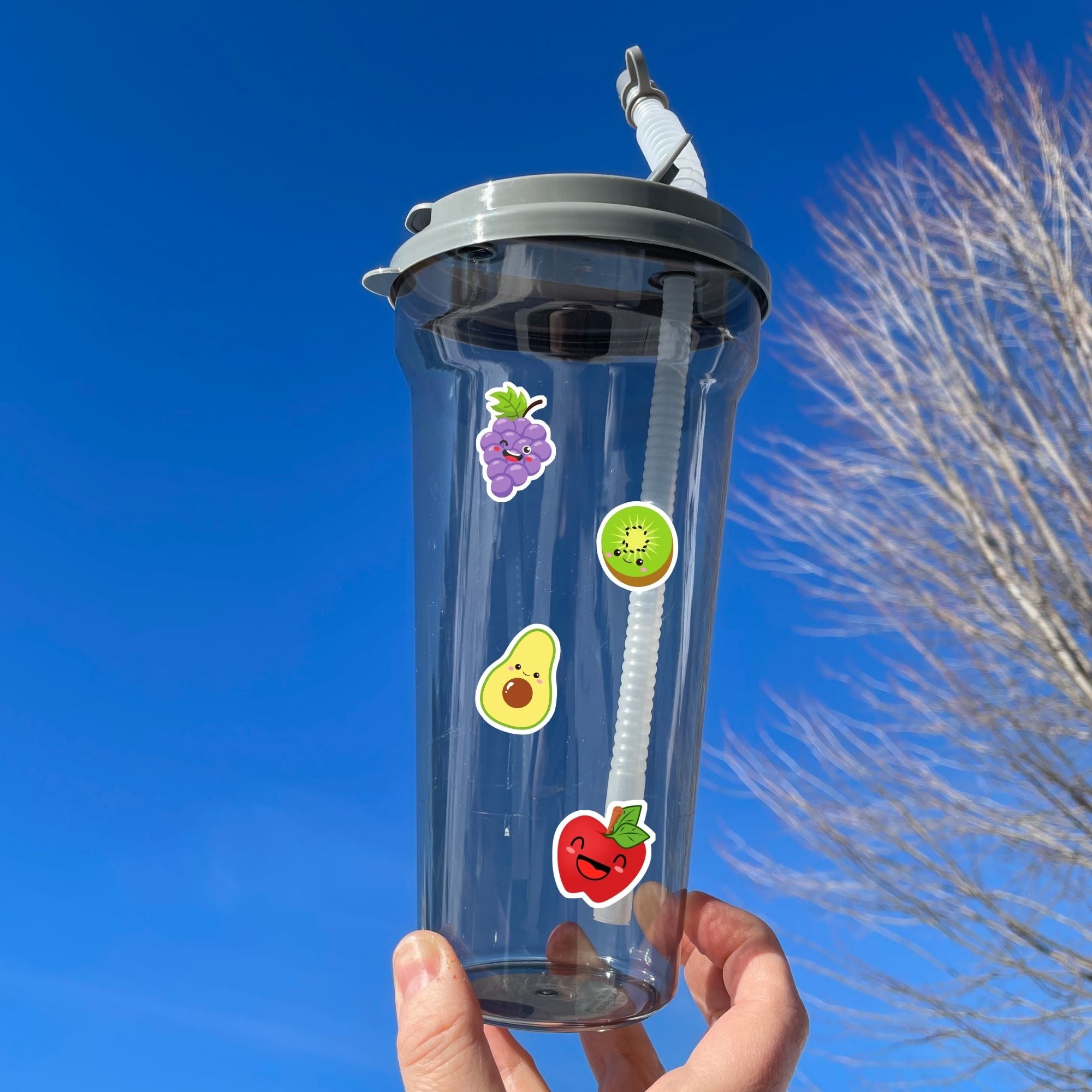 Filled with sticker images of cute fruit, this sticker sheet is sure to put a smile on anyone's face! This image shows a water bottle with stickers of a winking bunch of purple grapes, a kiwi, an avocado, and a laughing apple applied to it.