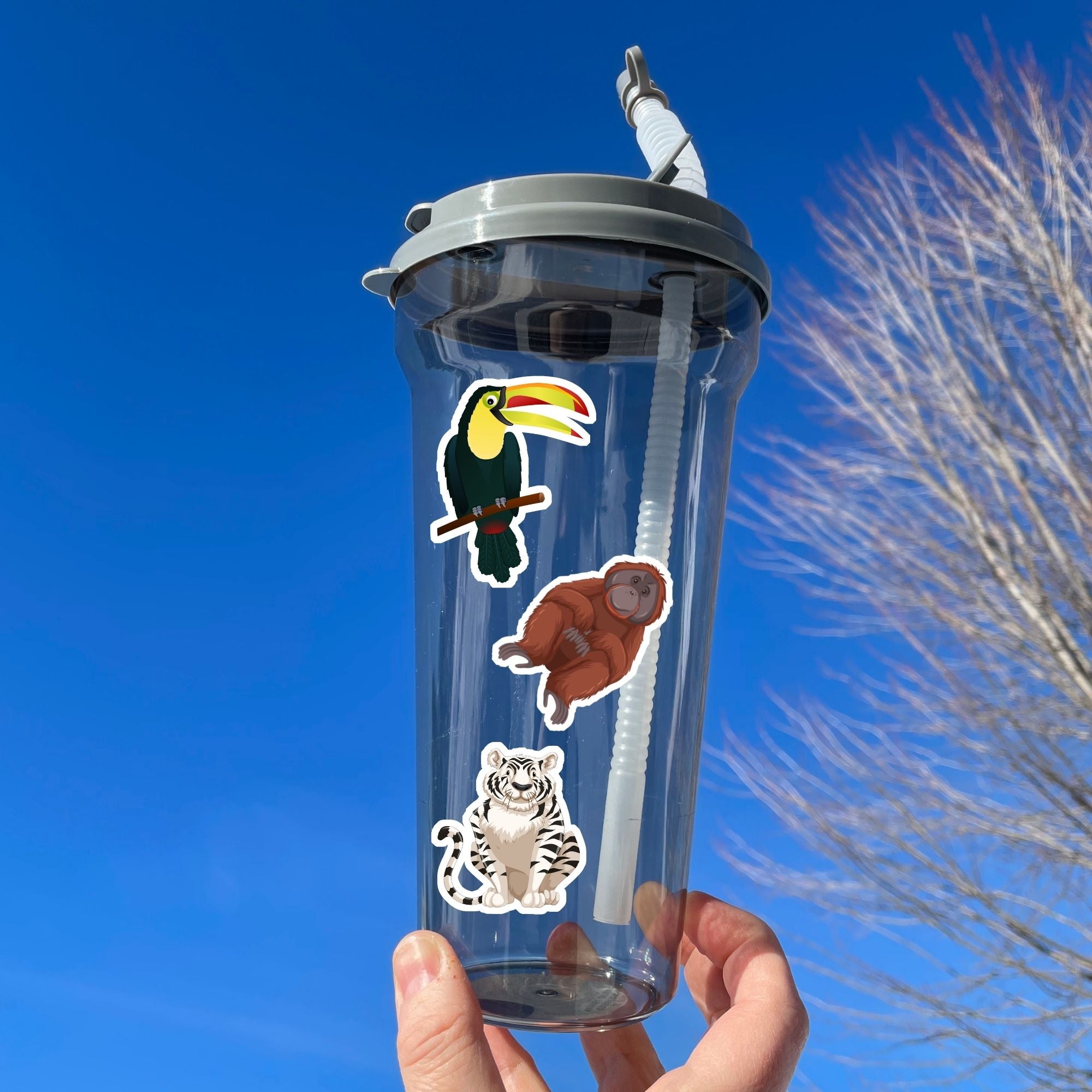 This sticker sheet has sticker images of your favorite jungle and rain forest creatures! There are a dozen different sticker images including tigers, a lion, a gorilla, snakes, and even a sloth.  This image shows a water bottle with stickers of a toucan, an orangutan, and a white tiger, applied to it. 