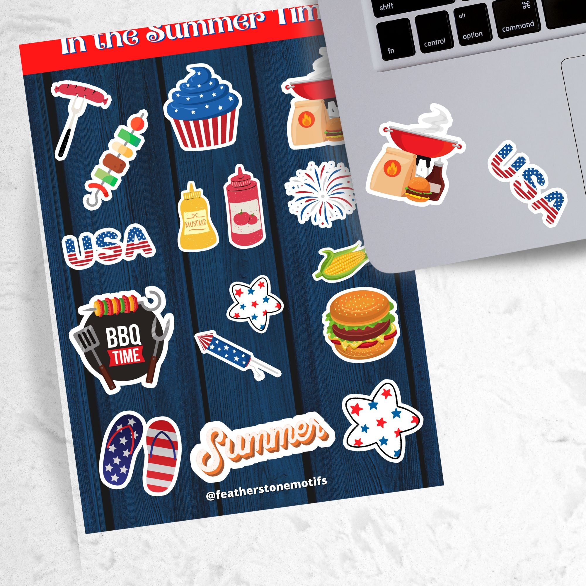 Celebrate summer, and the 4th of July in the USA. This sticker sheet has all of your favorite summer time foods like BBQing, burgers, hot dogs, and corn on the cob. Plus fireworks and red, white, and blue images. This image has the sticker sheet next to an open laptop with USA and a summer grill stickers.