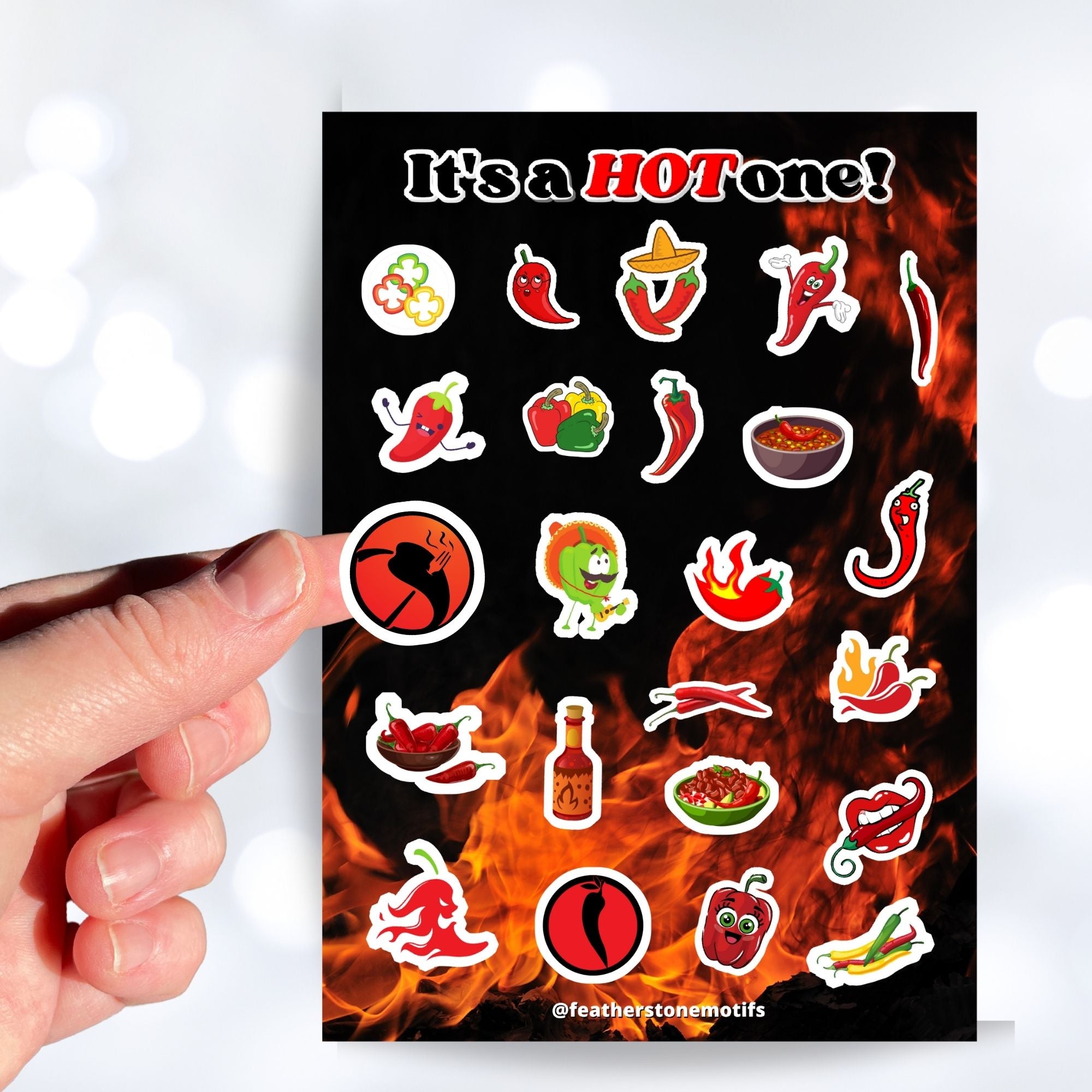 Hot peppers, hot salsa, and hot sauce; this sticker sheet is filled with stickers to celebrate everything spicy! This image shows a hand holding a sticker of a pepper on a fork with a red background above the sticker sheet.