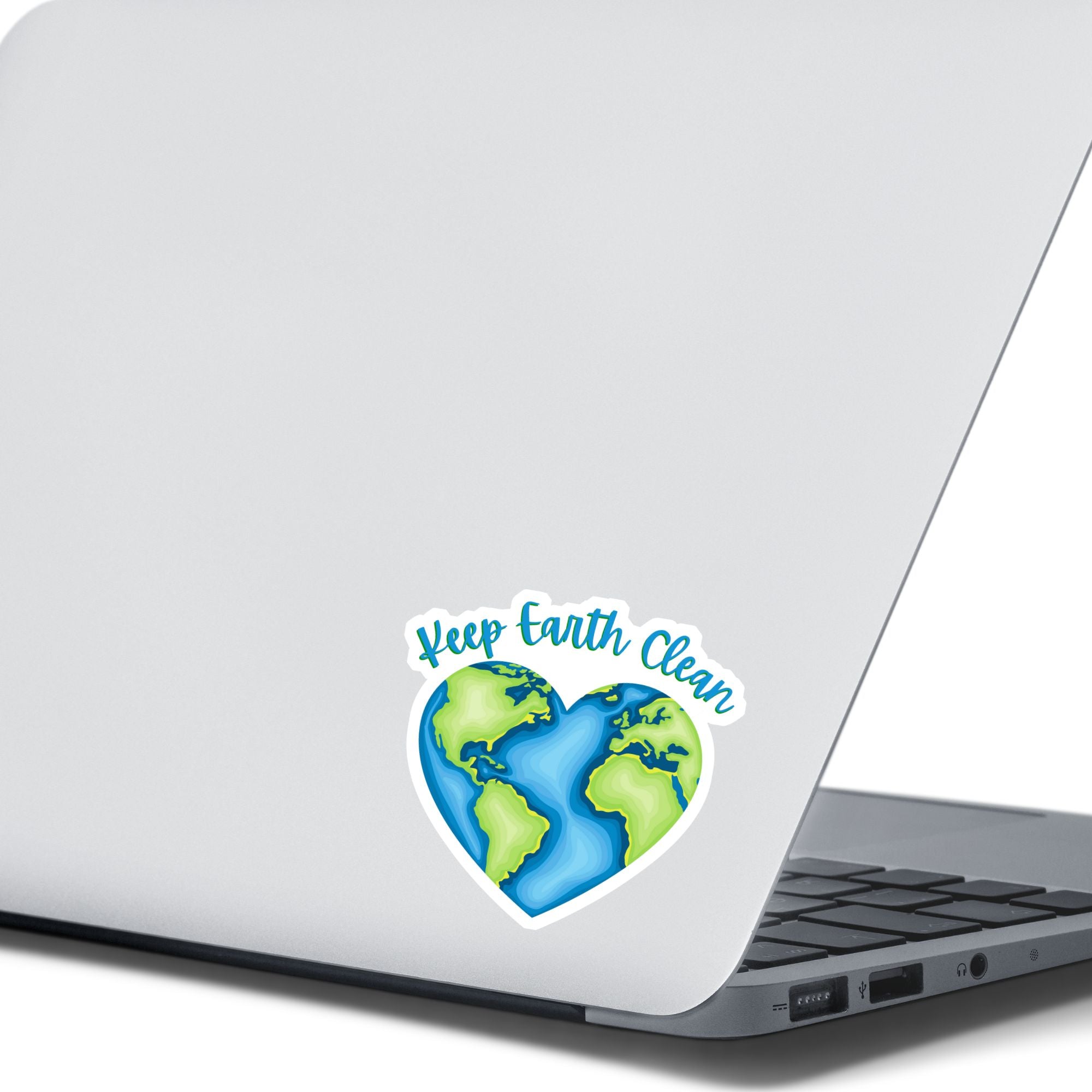 Keep Earth Clean, it's the only home we have! This individual die-cut sticker features the earth in a heart shape with Keep Earth Clean written above. Check out our Inspirational collection for more inspiring stickers! This image show the Keep Earth Clean sticker on the back of an open laptop.
