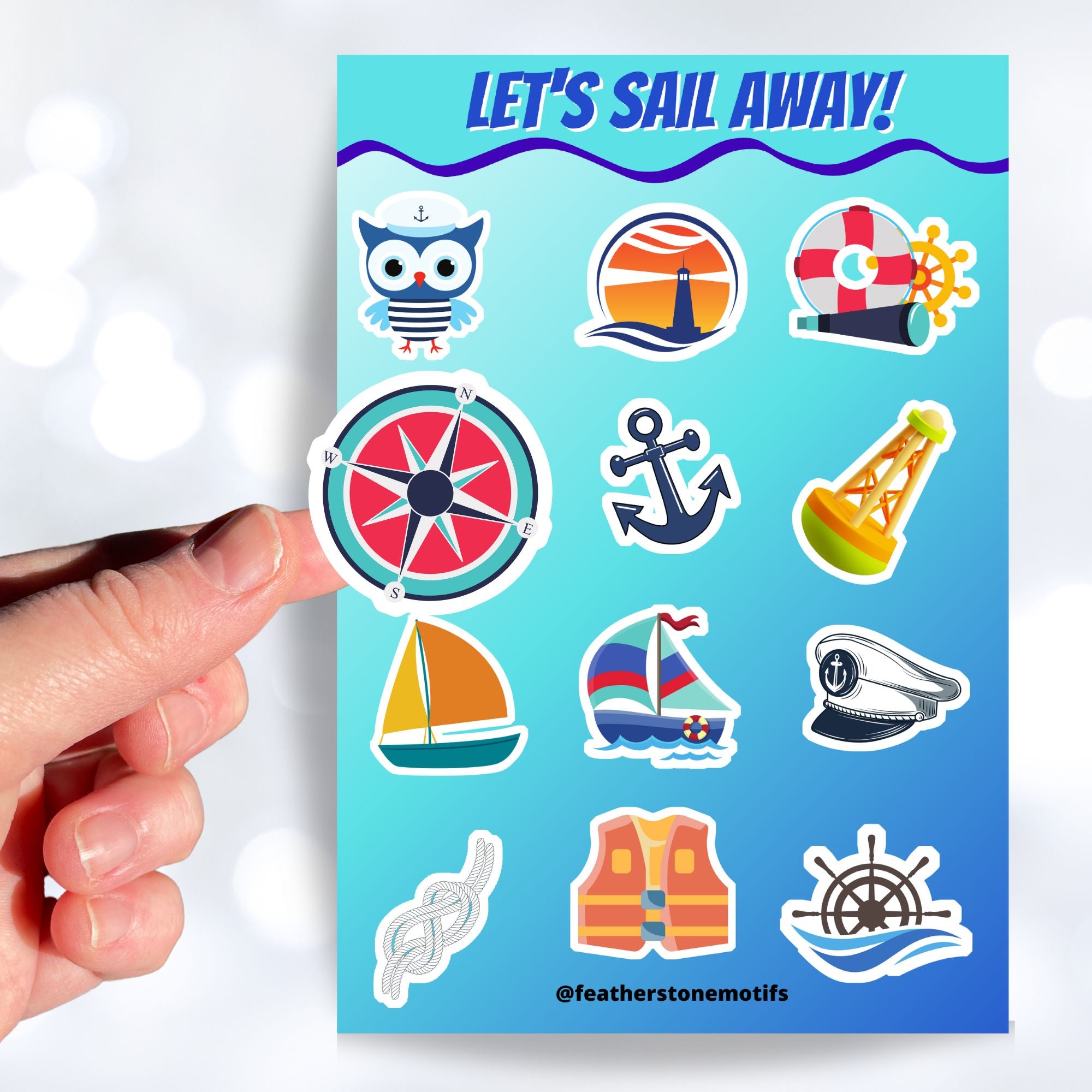 Permission to come aboard and sail away? This sticker sheet has twelve different sailing designs perfect for any captain or first mate! This image shows a hand holding a compass sticker above the sticker sheet.