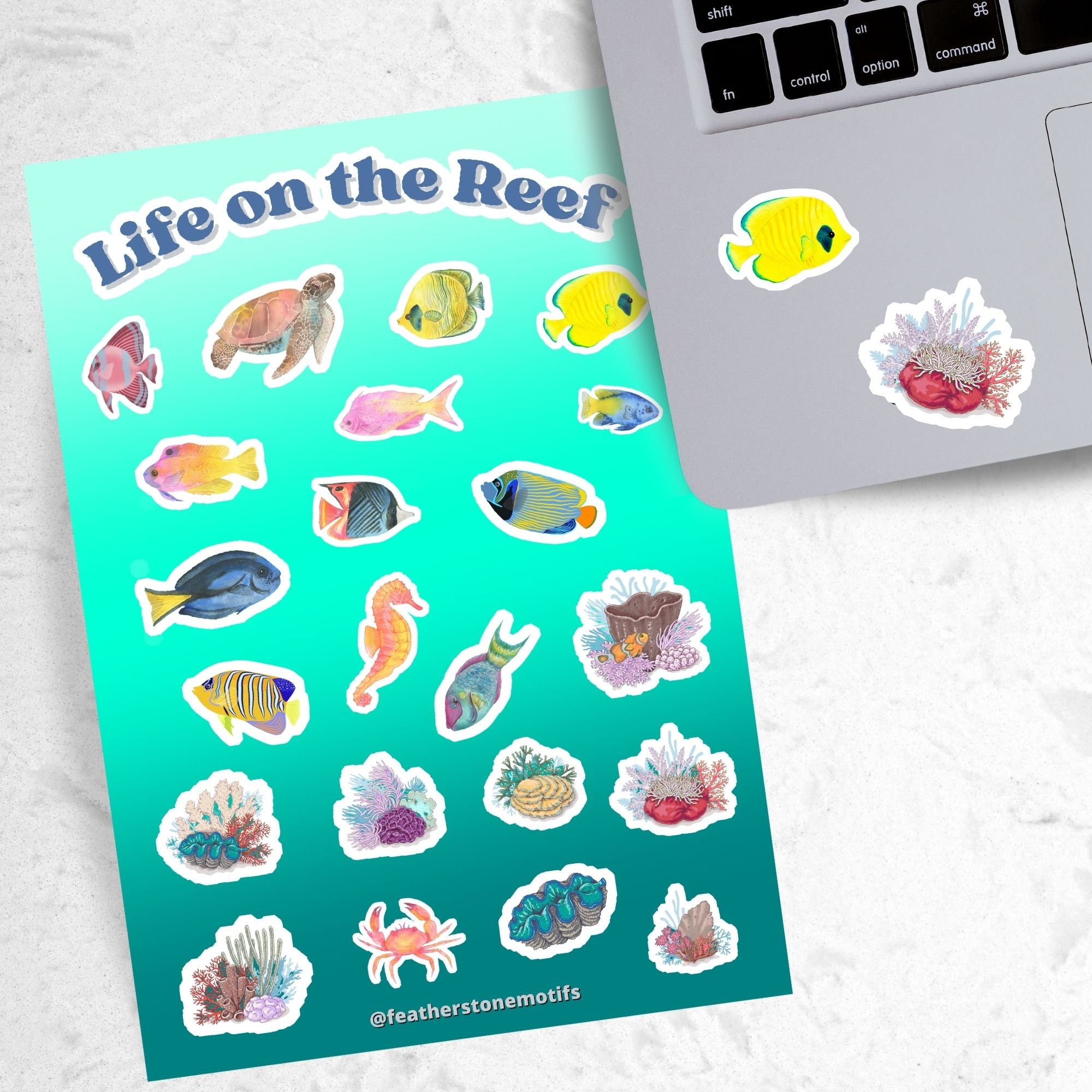 Teaming with sea life, this sticker sheet is filled with sticker images of fish, sea turtles, and coral! Take the reef with you anywhere with these beautiful stickers. This image shows the sticker sheet next to an open laptop with stickers of a yellow angle fish and coral reef applied below the keyboard.