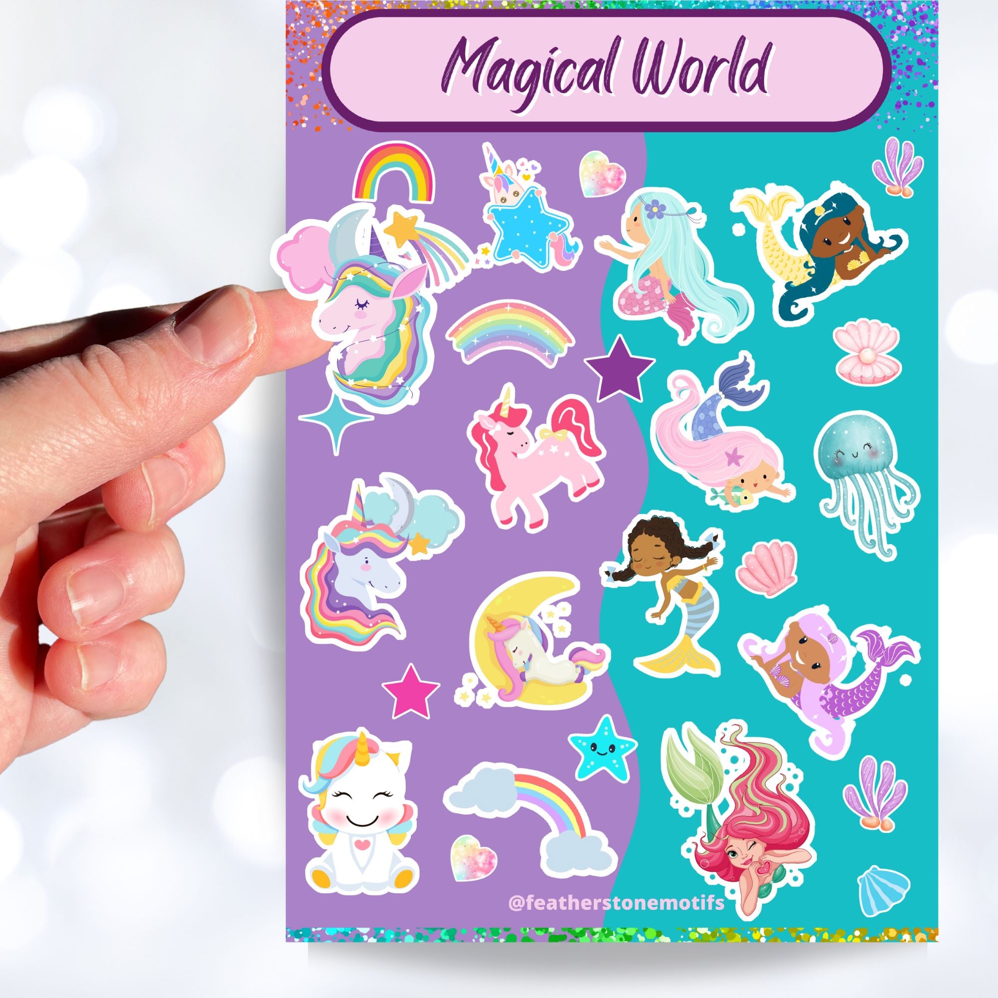 Mermaids, rainbows, and unicorns; it's our Magical World sparkle sticker sheet! This sticker sheet is filled with fun and cute magical images, and it has a sparkle overlay so it glitters in the light! This image is of a hand holding a unicorn sticker above the sticker sheet.