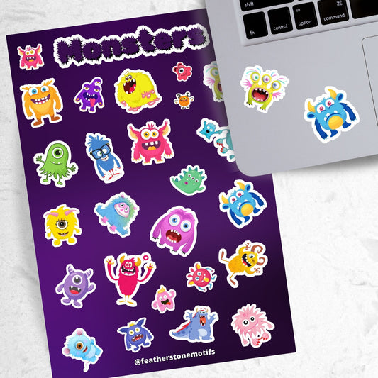 Don't look under the bed! No - these monster's aren't scary! This sticker sheet is filled with sticker images of cute and fun monsters that kids aged 1 to 100 will enjoy. This image shows the sticker sheet next to an open laptop with a sticker of a three eyed green and purple monster sticker and a sad looking blue monster with yellow horns sticker applied below the keyboard.
