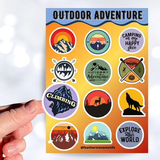 Tie up your boots and enter the wild with this sticker sheet! This sticker sheet has twelve different stickers showing different outdoor activities. From the mountains to camping to climbing this set is perfect for any outdoors person. This image shows a hand holding a sticker showing a climber on a mountain that says "Climbing".