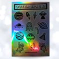 Load image into Gallery viewer, Flying saucers, aliens, and weird planets, all on a holographic sticker sheet. Outer Space is out of this world!
