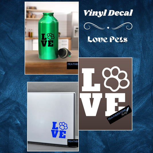 Love your pets? Then show it with this paw love square! Available in 4 sizes and 10 colors, these vinyl decals make great gifts for everyone. This image shows the cover page.