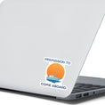 Load image into Gallery viewer, Ahoy Captain, permission to come aboard? This individual die-cut sticker has an anchored sailboat against a beautiful sunset. Perfect for sailors and boaters, this sailing sticker just feels relaxing! This image shows the Permission to Come Aboard die-cut sticker on the back of an open laptop.
