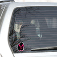Load image into Gallery viewer, Phoenix rising - this individual die-cut sticker features a purple, red, and orange phoenix on a black background. This image shows the Phoenix on Black sticker on the back window of a car.
