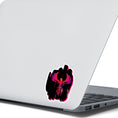 Load image into Gallery viewer, Phoenix rising - this individual die-cut sticker features a purple, red, and orange phoenix on a black background. This image shows the Phoenix on Black die-cut sticker on the back of an open laptop.
