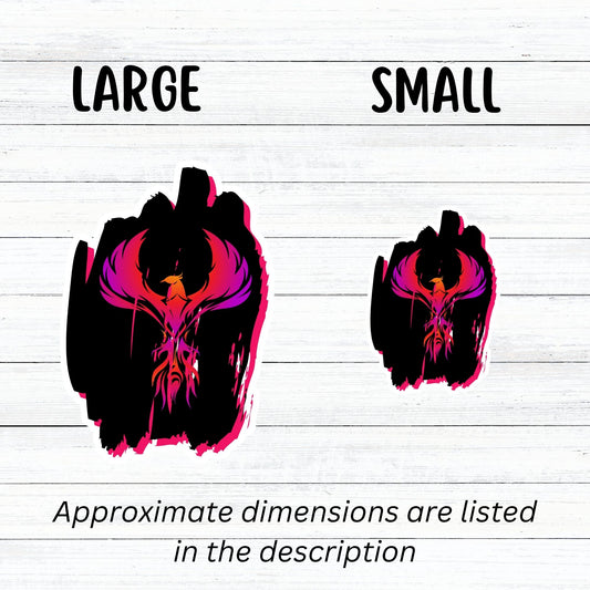 Phoenix rising - this individual die-cut sticker features a purple, red, and orange phoenix on a black background. This image shows large and small Phoenix on Black stickers next to each other.